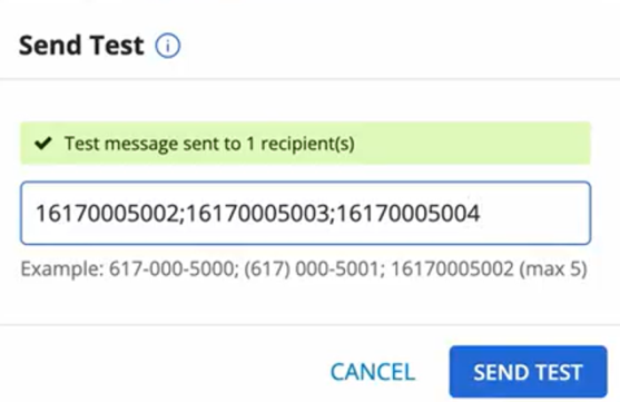 test message sent success message